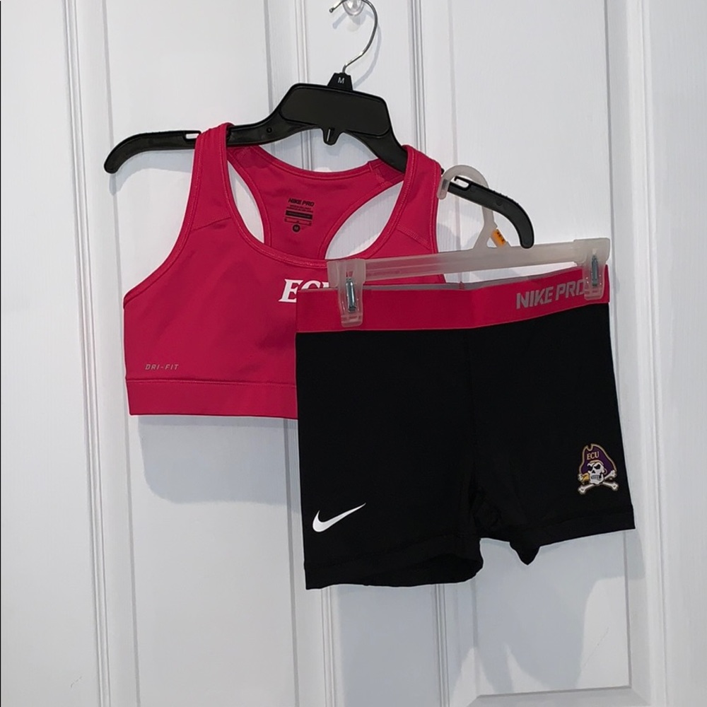 Sports bra and spandex shorts